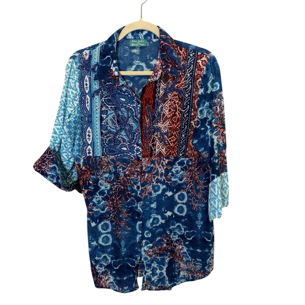 Antica Sartoria Women’s Bold Cotton Button Down Beachy Resort Wear Top sz M